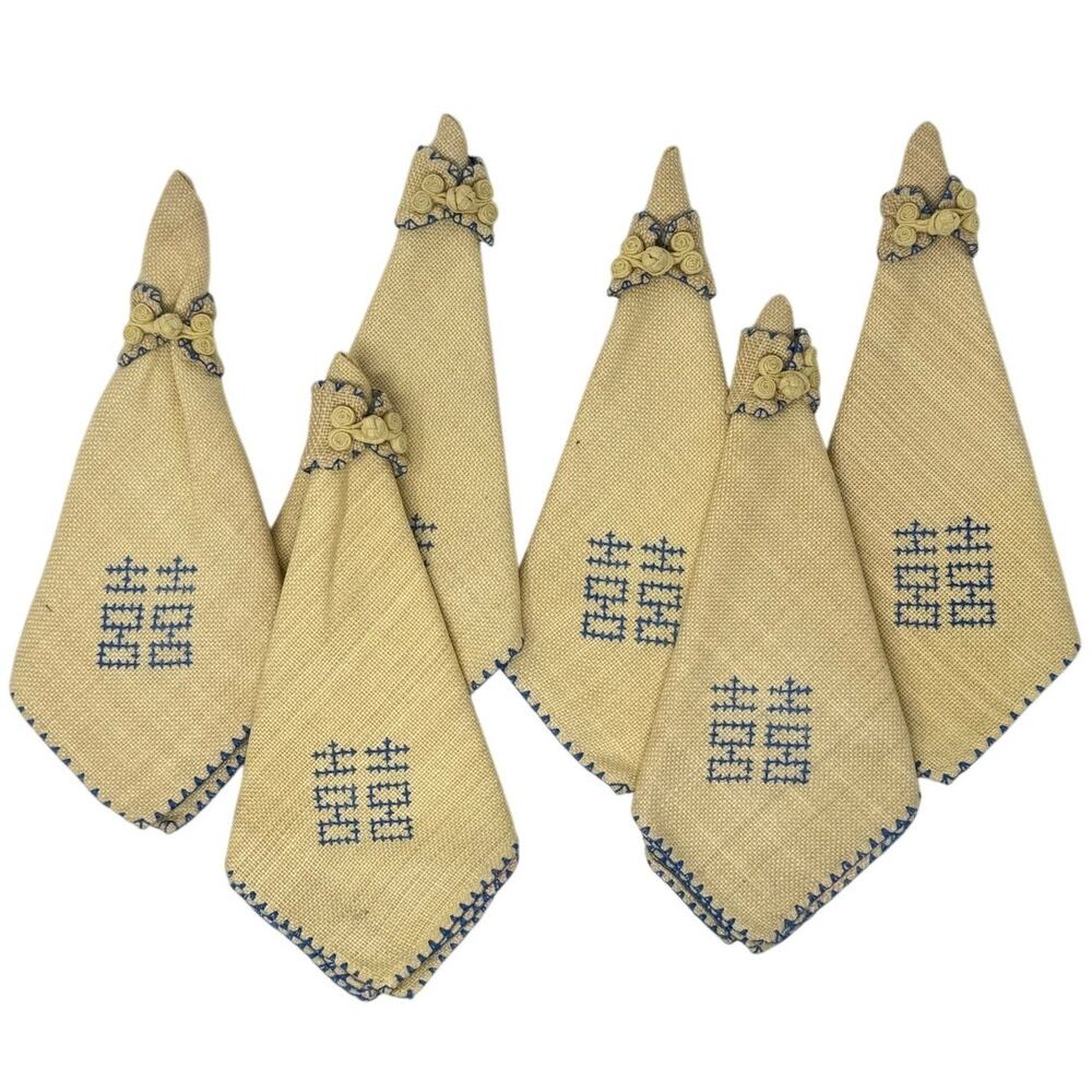 Vintage 80s Yellow Linen Napkins & Rings Set Hand Stitched Blue